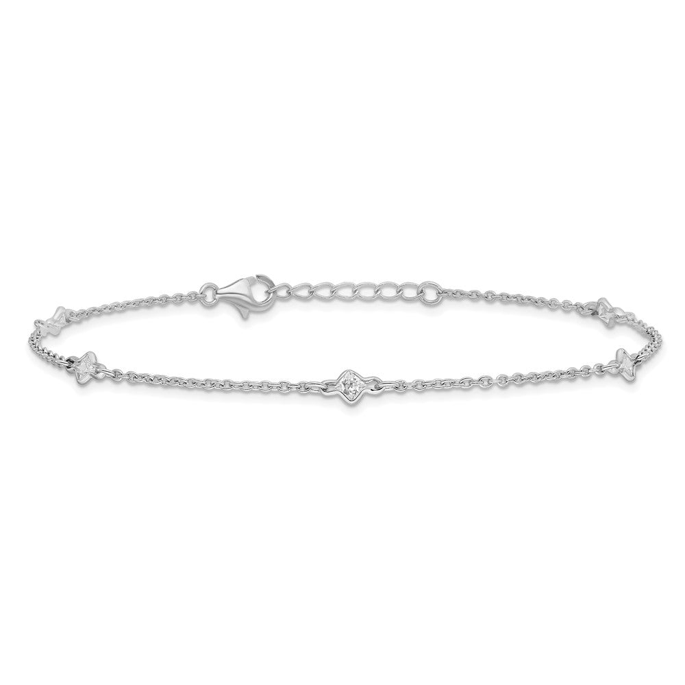 Sterling Silver Rhodium-plated 9in Plus 1in Ext. 5 Station CZ Anklet 9 inches