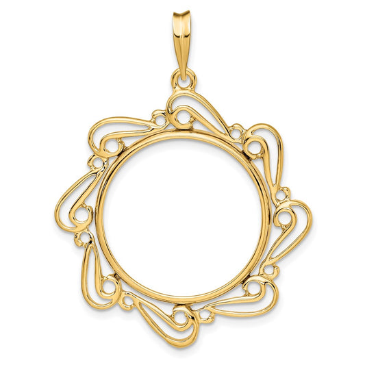 Wideband Distinguished Coin Jewelry 14k Polished Curved Scroll 22.0mm Prong Coin Bezel Pendant