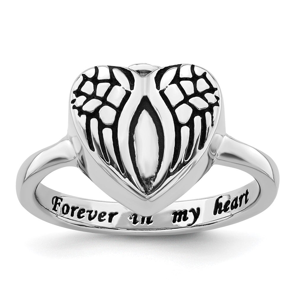 Sterling Silver Rhodium-plated Enameled Heart With Wings FOREVER IN MY HEART (Inside) Ash Holder Size 7 Ring