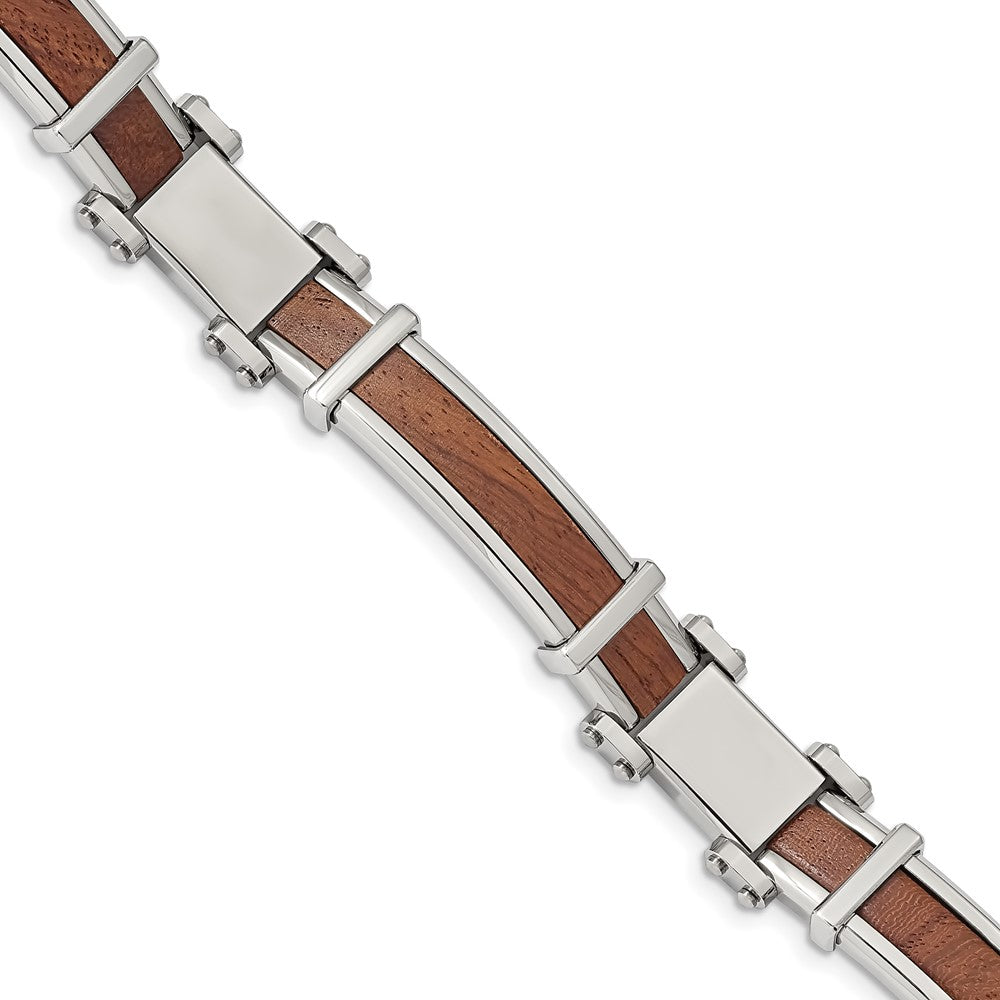 Stainless Steel Polished with Wood Inlay 8.25in Bracelet 8.25 inches