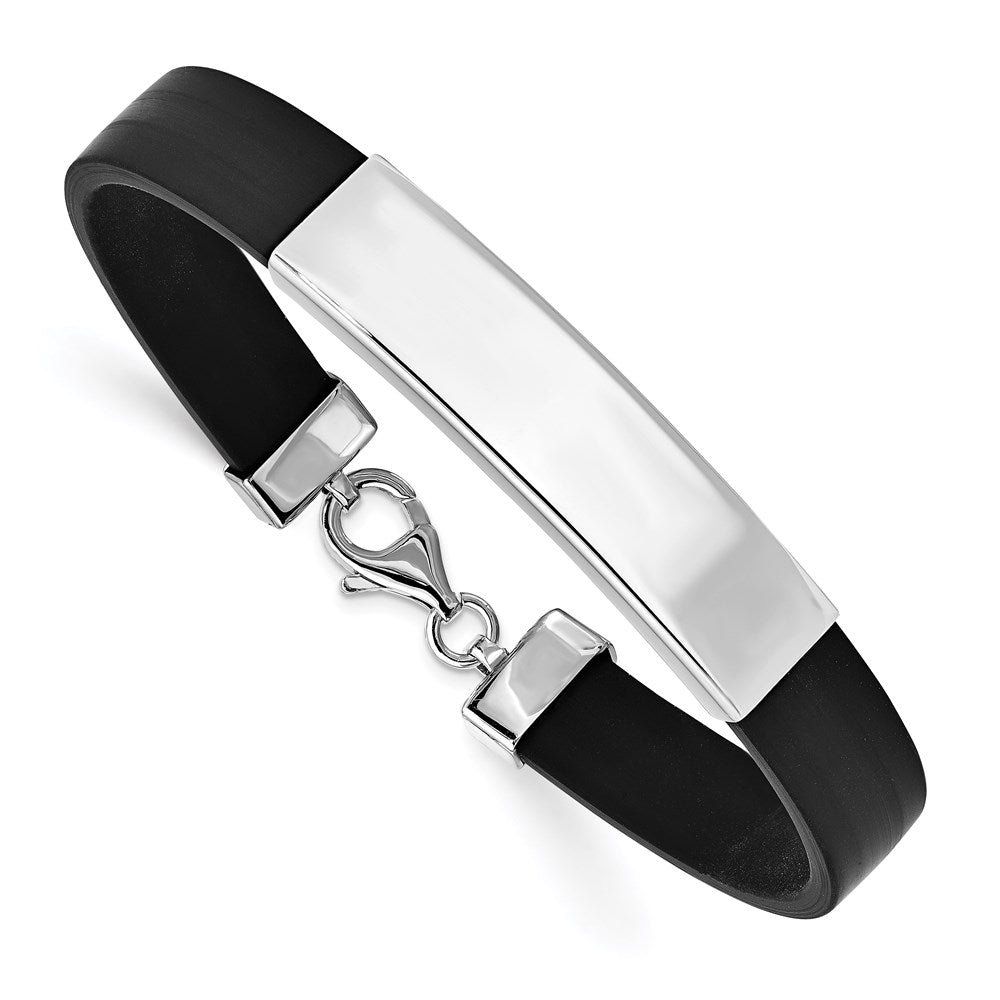 Sterling Silver Rhodium-plated ID Black Rubber Bracelet 8 inches