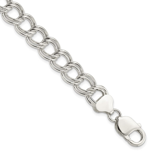Sterling Silver 10.5mm Semi-Solid Double Link Charm Bracelet 7.5 inches