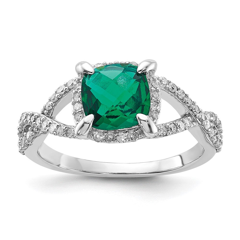 Sterling Silver Created Emerald and Diamond Ring