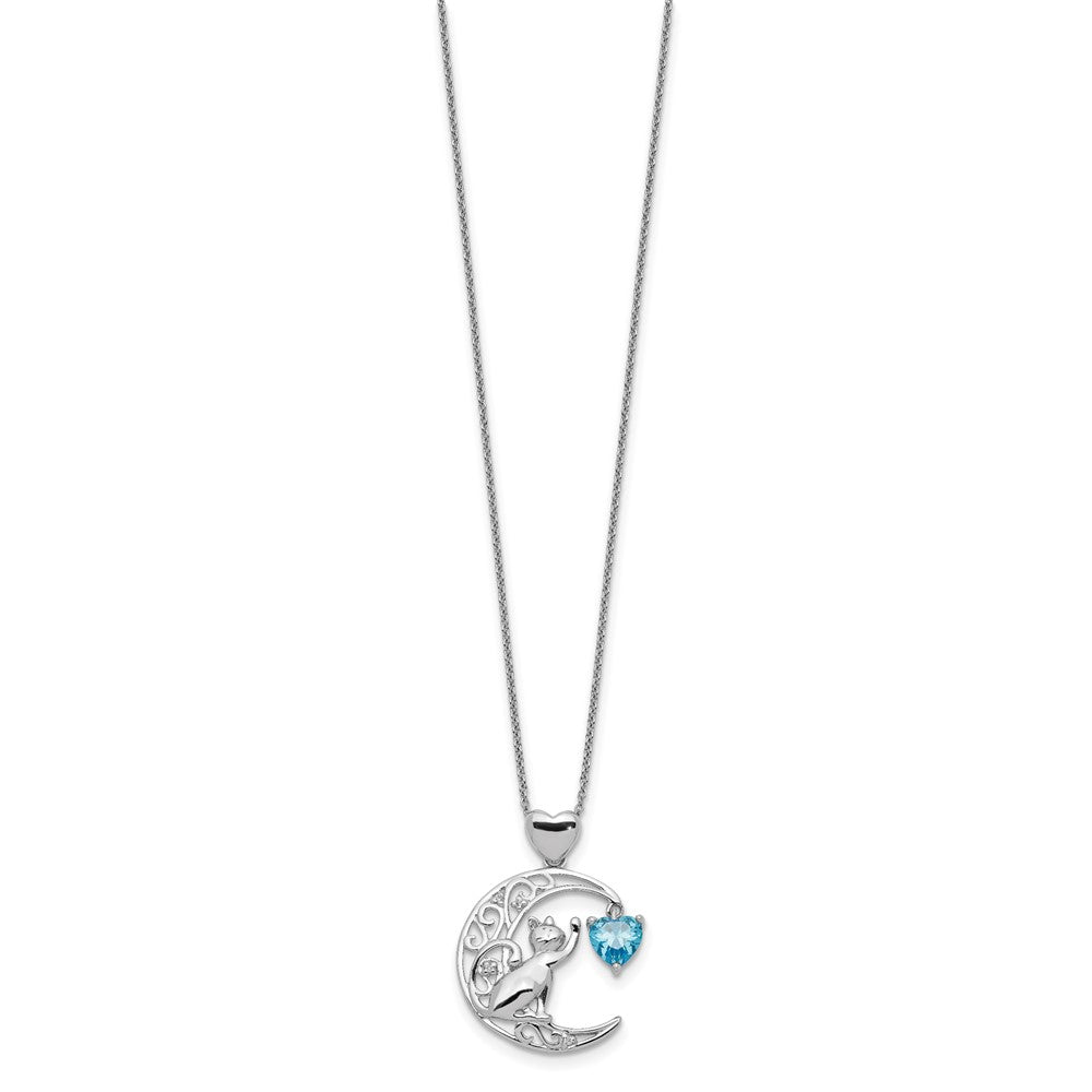Sterling Silver Blue and Clear CZ Cat and Moon Necklace 17.5 Inches
