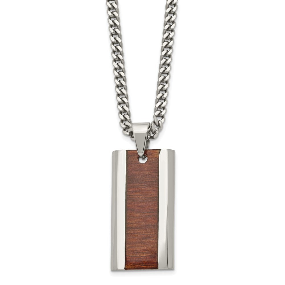 Stainless Steel Polished Red/Orange Koa Wood Inlay Enameled Necklace