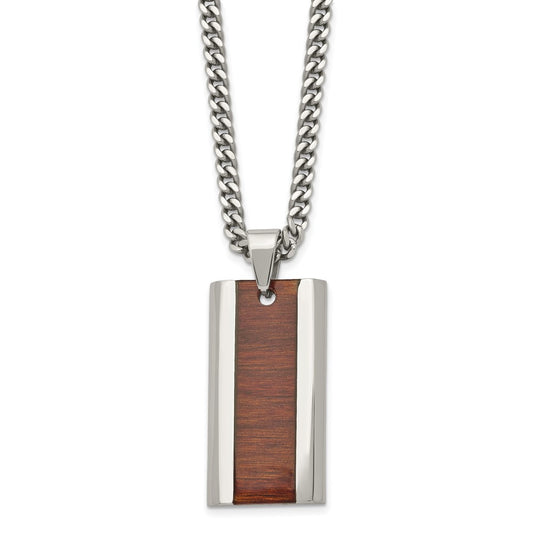 Stainless Steel Polished Red/Orange Koa Wood Inlay Enameled Necklace
