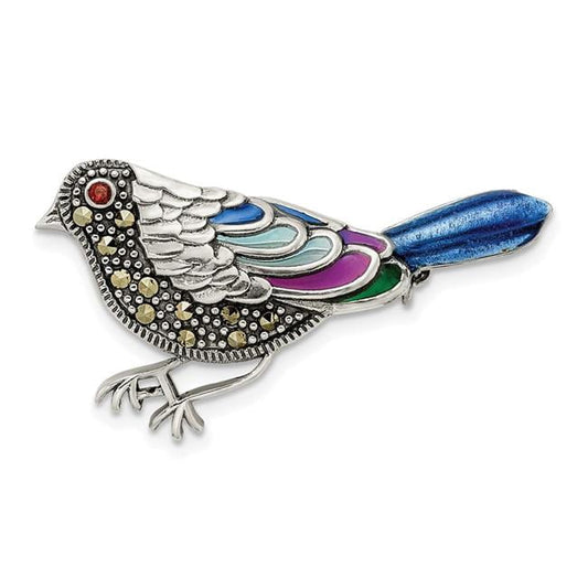 Finest Gold Sterling Silver Antiqued Multi Color Enameled Marcasite & Garnet Bird Pin Brooch