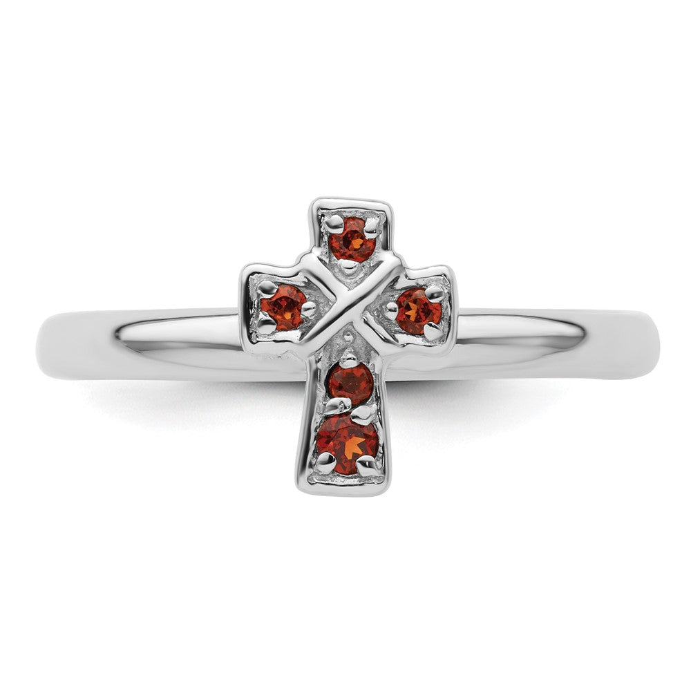 Sterling Silver Stackable Expressions Rhodium Garnet Cross Ring Size -9