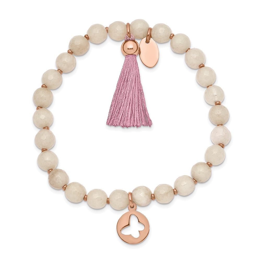 Stainless Steel Polished Rose IP Butterfly Pink Agate Beaded Stretch Bracel 6.25 inches