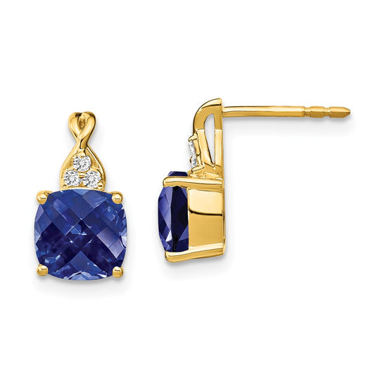 14k Checkerboard Created Sapphire and Diamond Earrings