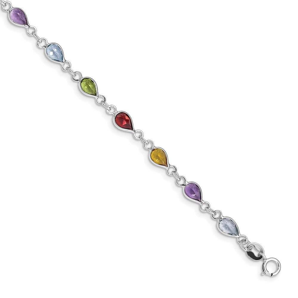 Sterling Silver Rhodium Plated Rainbow Gemstone Bracelet 7 inches