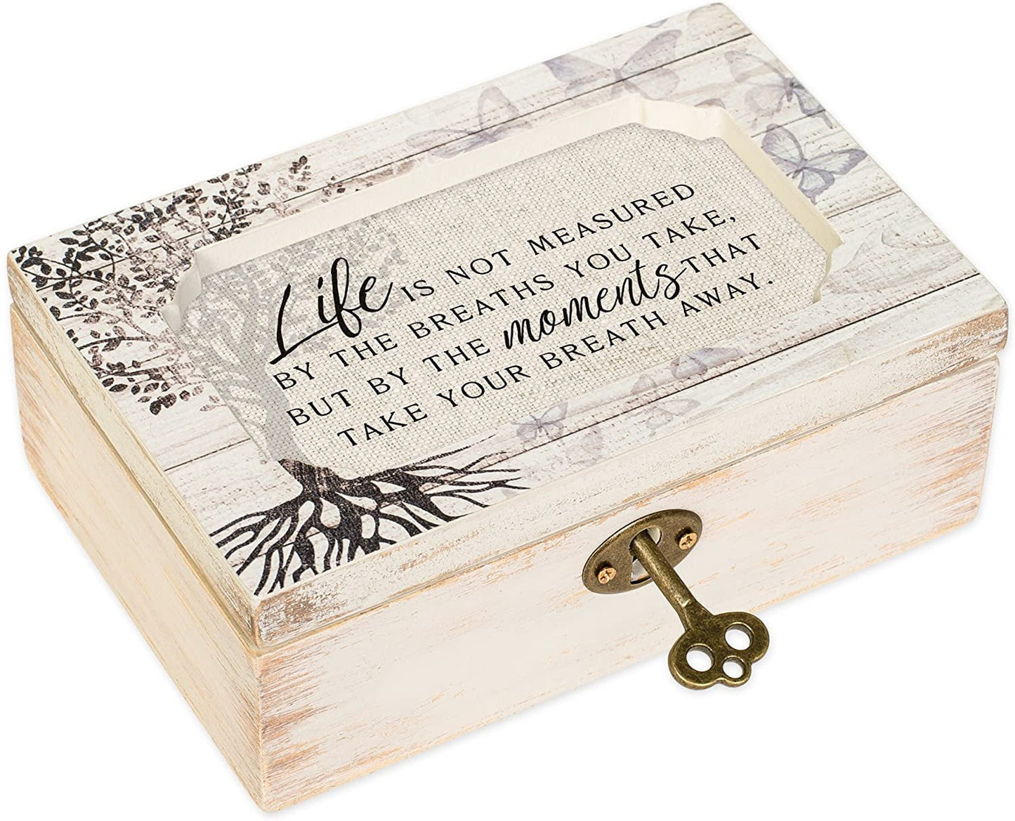 Life Not Measured By Breaths Deco Whitewash Jewelry Music Box Plays Wonderful World