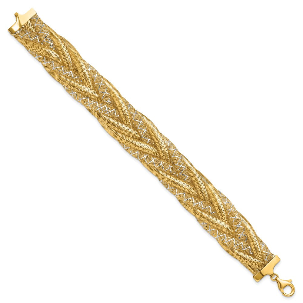 14K w/Rhodium Braided Mesh Stretch Bracelet 7  inches