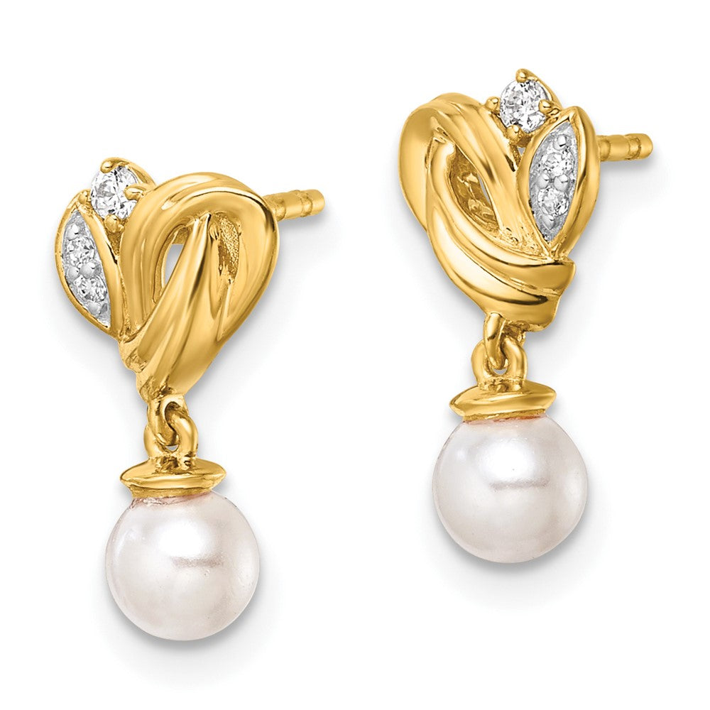 14K Polished Diamond and Pearl Dangle Post Earrings