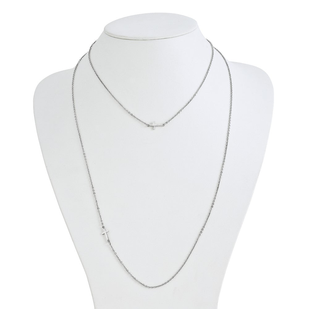 Stainless Steel Layered Sideways Cross 18in Necklace