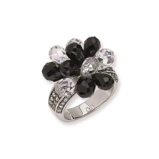 Sterling Silver Briolette-cut Black/White CZ Ring
