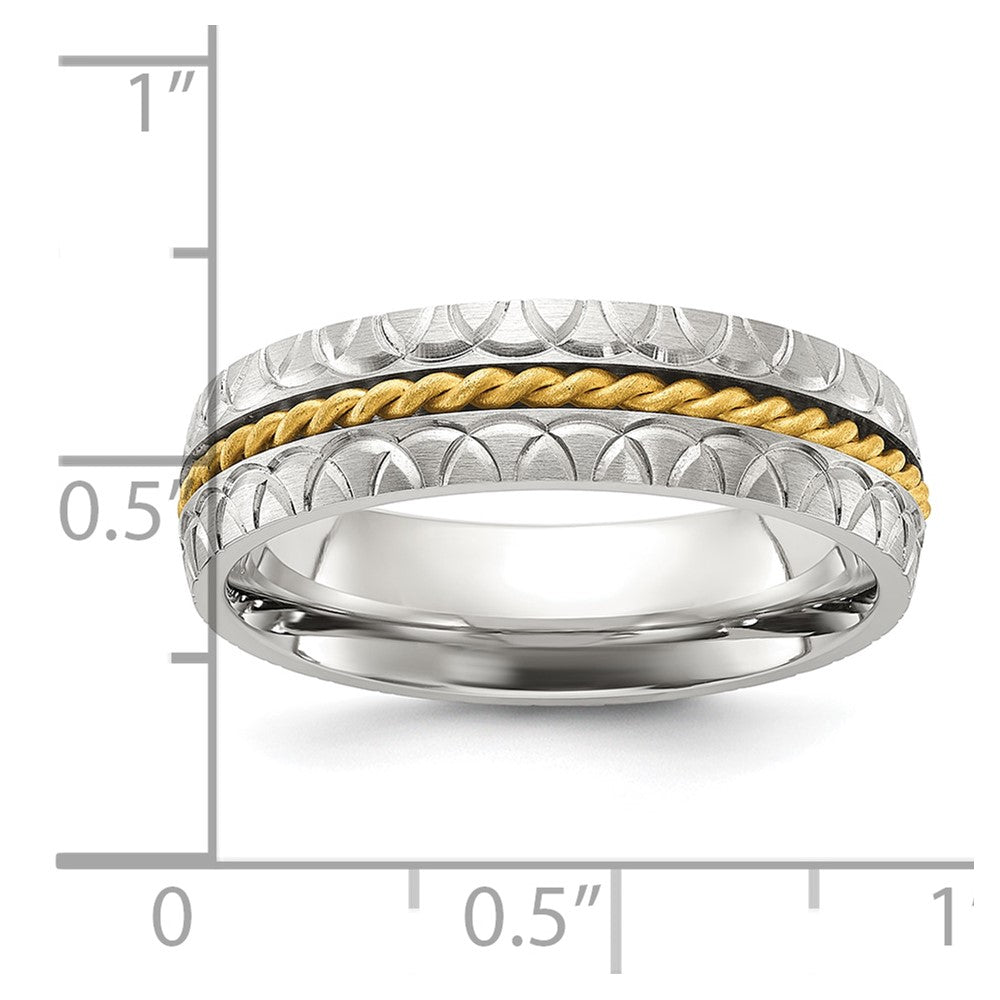 Chisel Stainless Steel Brushed, Polished and Textured Yellow IP-plated Center 6mm Band Size - 12.5