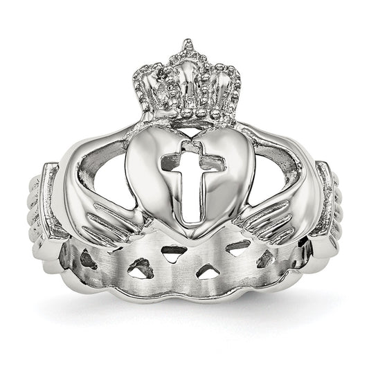 Stainless Steel Polished Claddagh with Cross Ring Size - 7