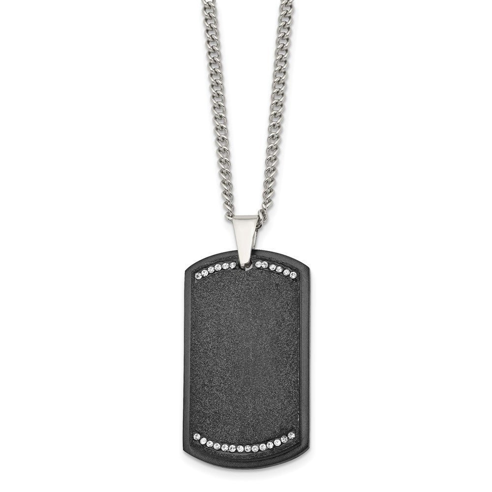 Stainless Steel Brushed Laser Cut Black IP-plated w/CZ Dog Tag Necklace