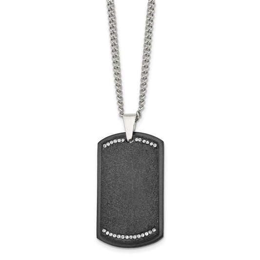 Stainless Steel Brushed Laser Cut Black IP-plated w/CZ Dog Tag Necklace