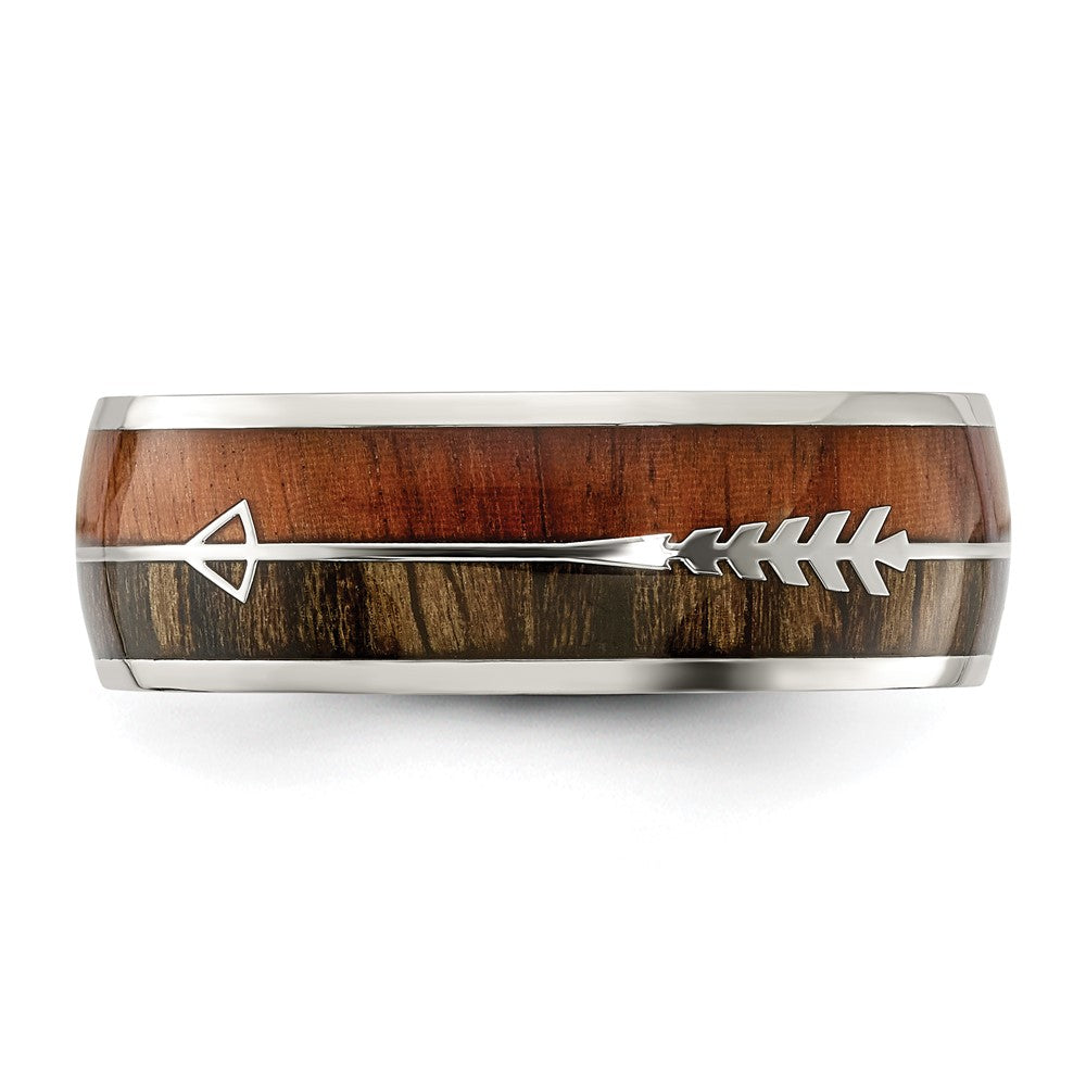 Stainless Steel Polished with Wood Inlay Arrow 8mm Band Size - 11