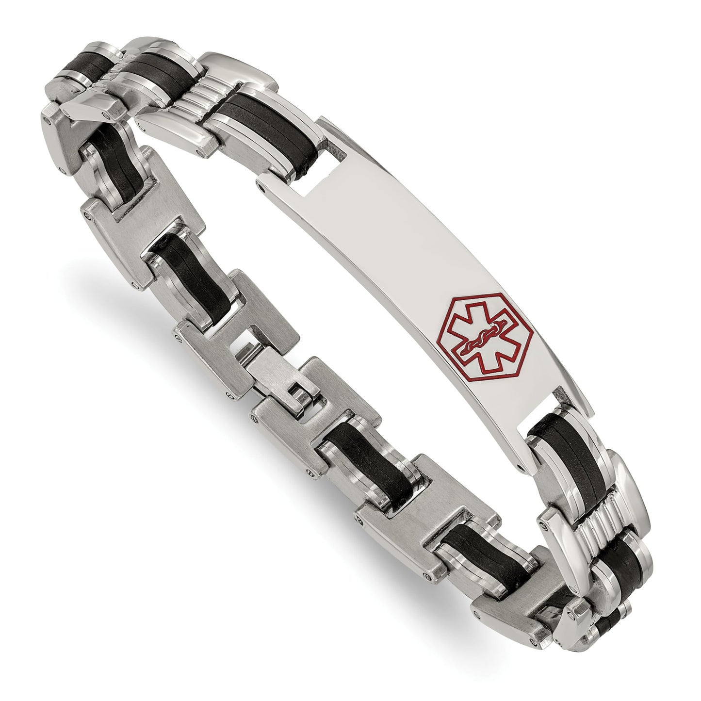 Stainless Steel Black Rubber Red Enamel 8in Medical Bracelet 8 inches