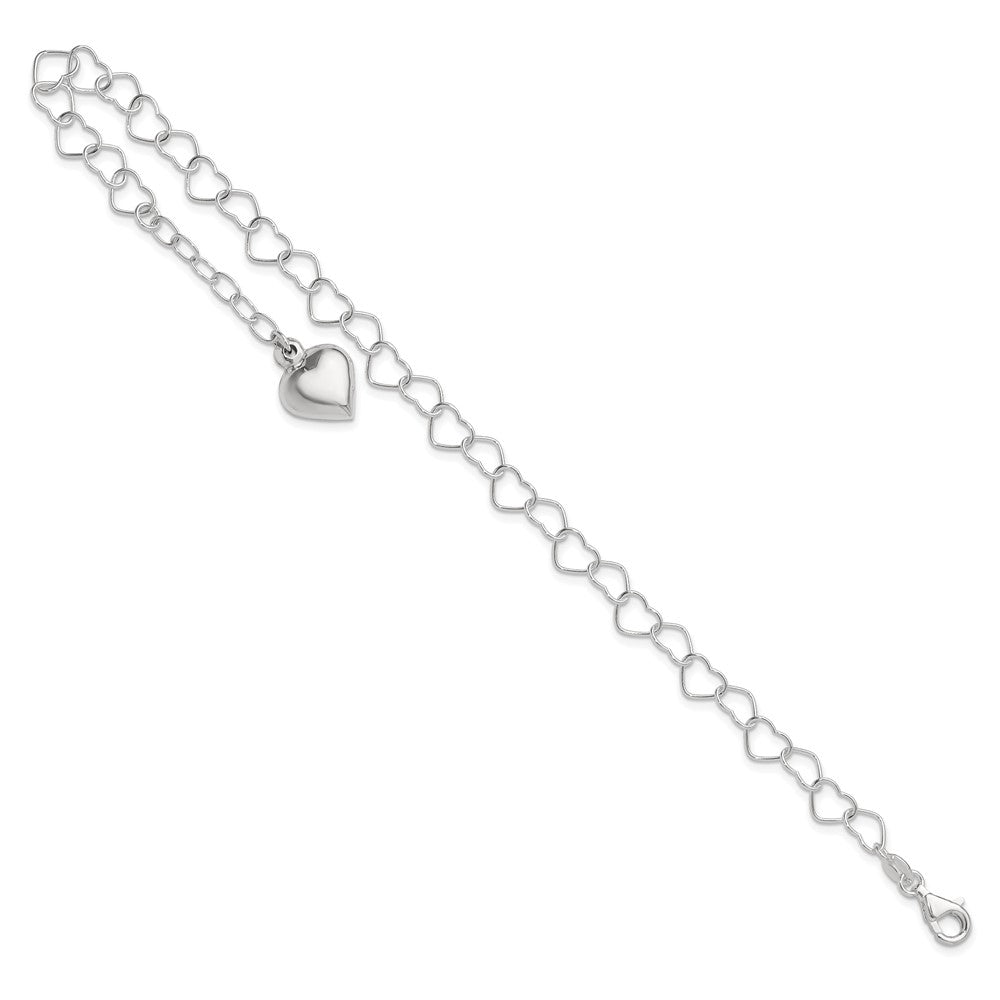 Sterling Silver Polished Puffed Heart 9 in Plus 1in ext. Anklet 9 inches