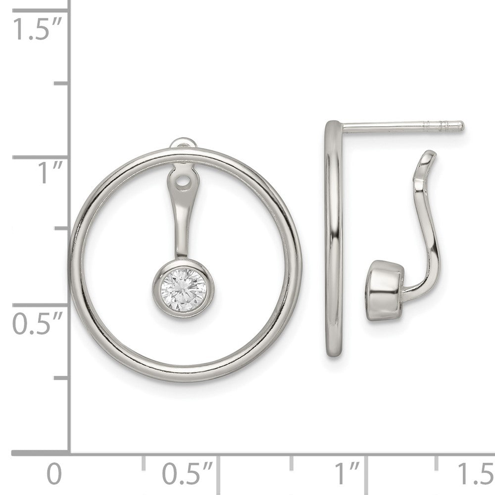 Sterling Silver Polished Slide On Dangle CZ Circle Earrings