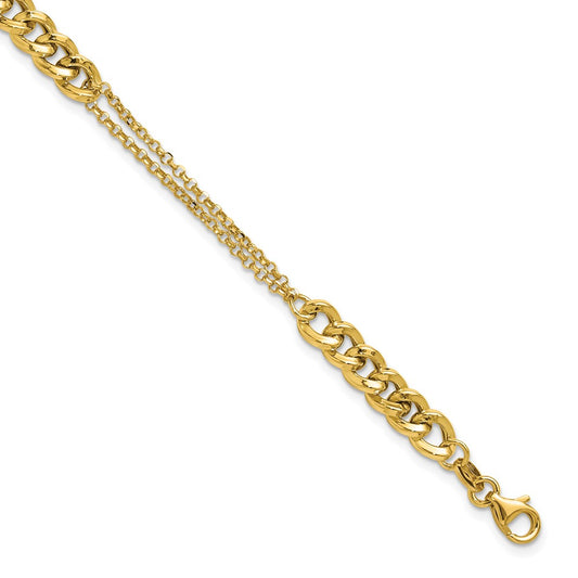 14K Polished/Dia-cut 2-Strand Fancy Link w/1in ext. Bracelet 8  inches