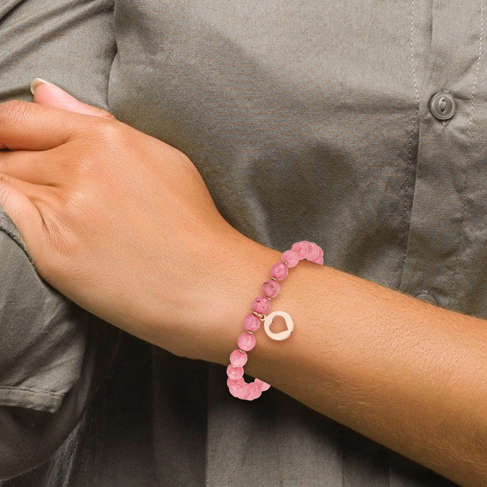 Stainless Steel Polished Rose IP Heart w/Tassel Pink Jade Beaded Bracelet 6.5 inches