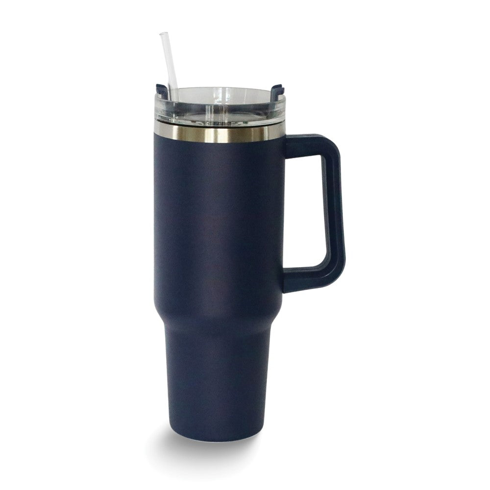 Stainless Steel Navy Blue 40 ounce Handle Travel Mug with Straw