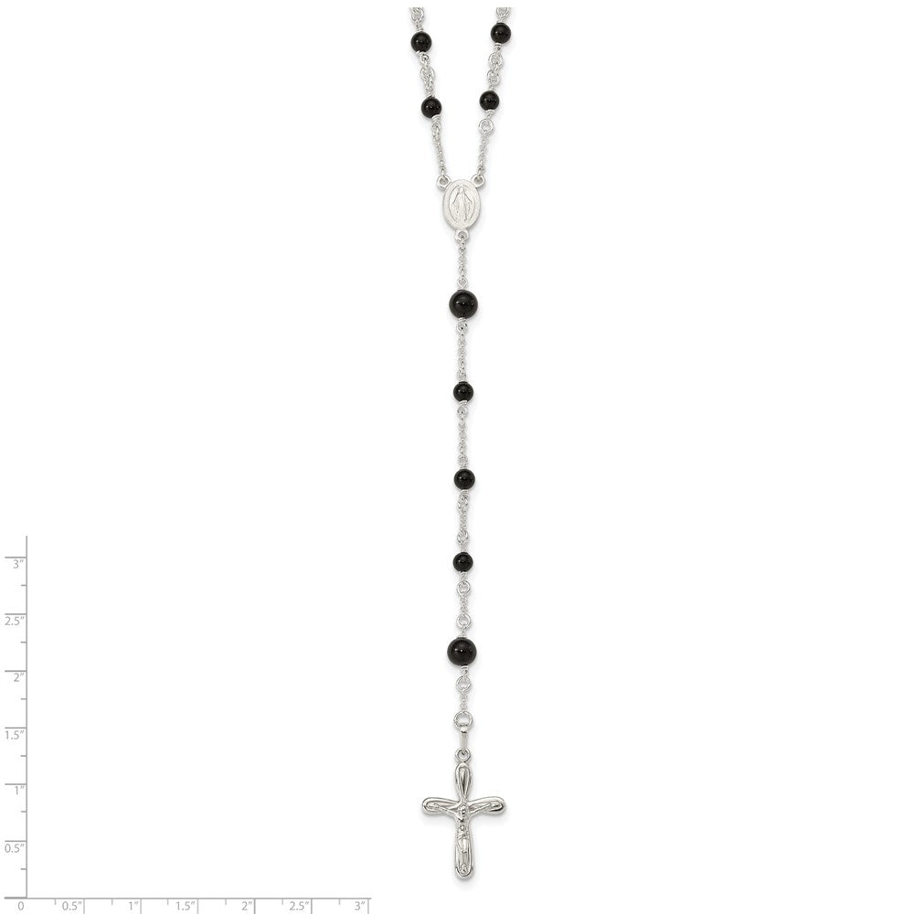 Sterling Silver Polished Black Onyx Rosary Necklace 33 Inches