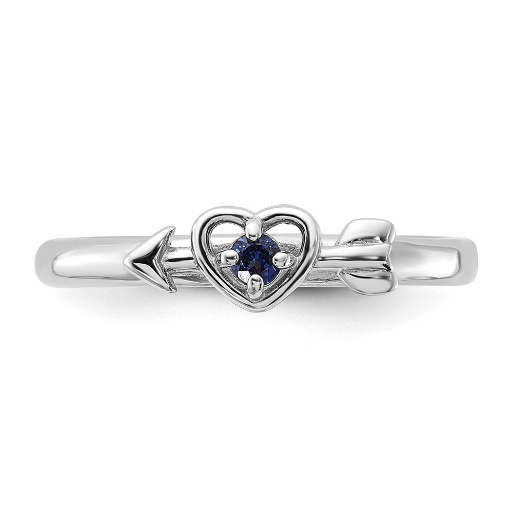 Sterling Silver Stackable Expressions Rhodium-plated Created Sapphire Heart with Arrow Ring Size -10