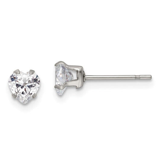 Stainless Steel Polished 5mm Heart CZ Stud Post Earrings