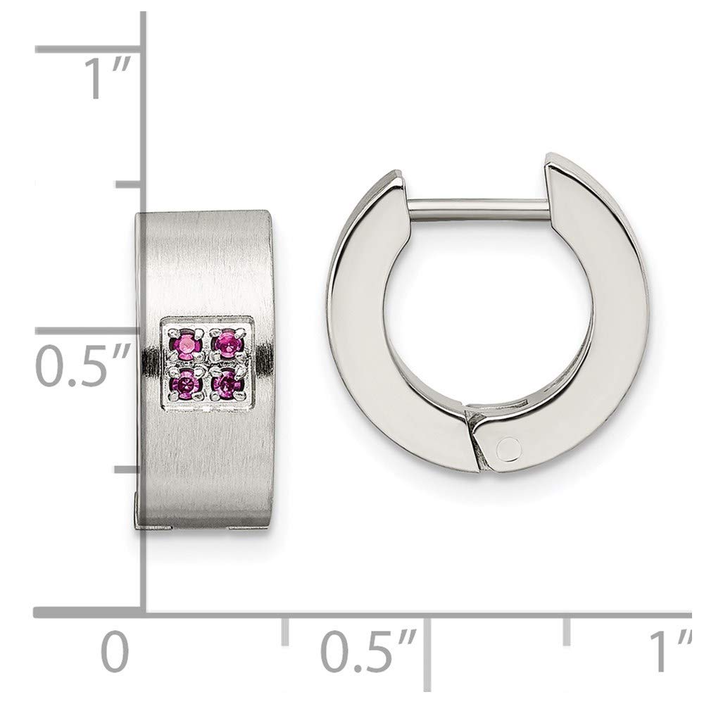 Stainless Steel Brushed & Polished w/Pink CZ 5mm Hinged Hoop Earrings
