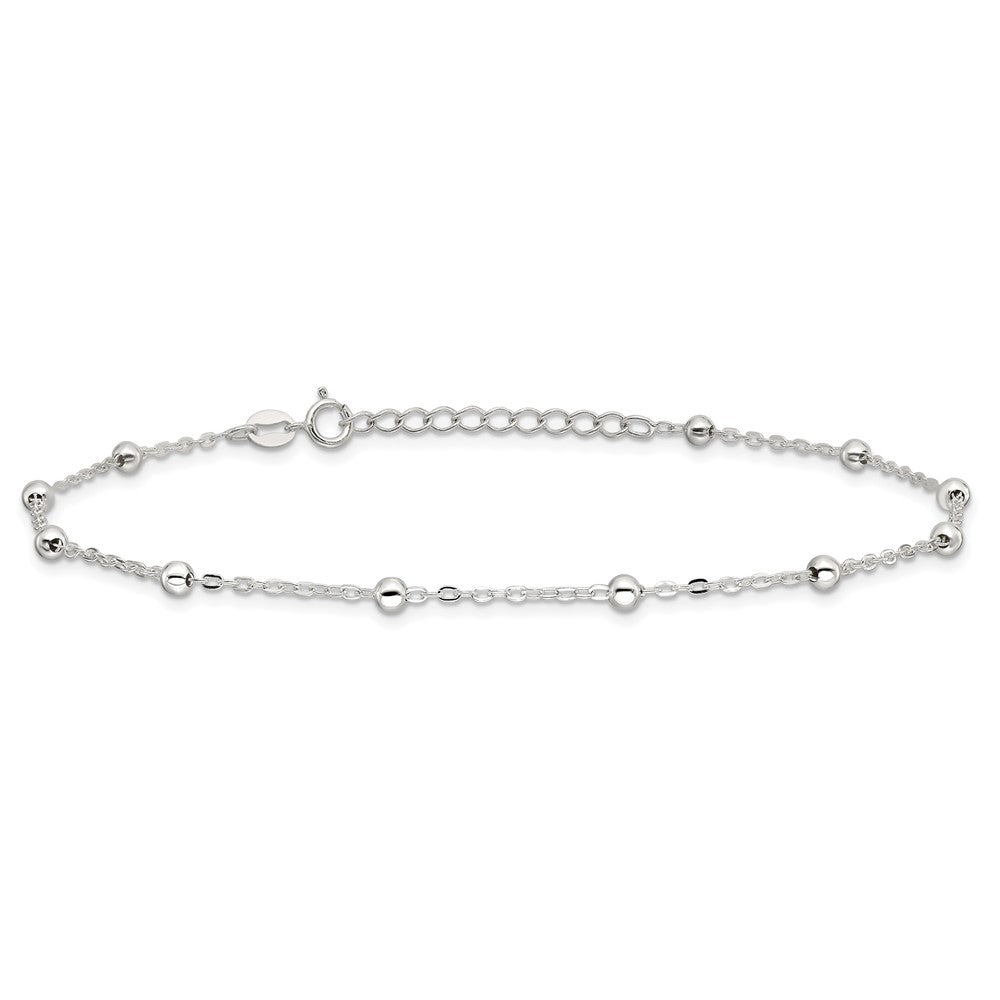Sterling Silver 1mm Beaded Chain 9in Plus 1in ext. Anklet 9 inches