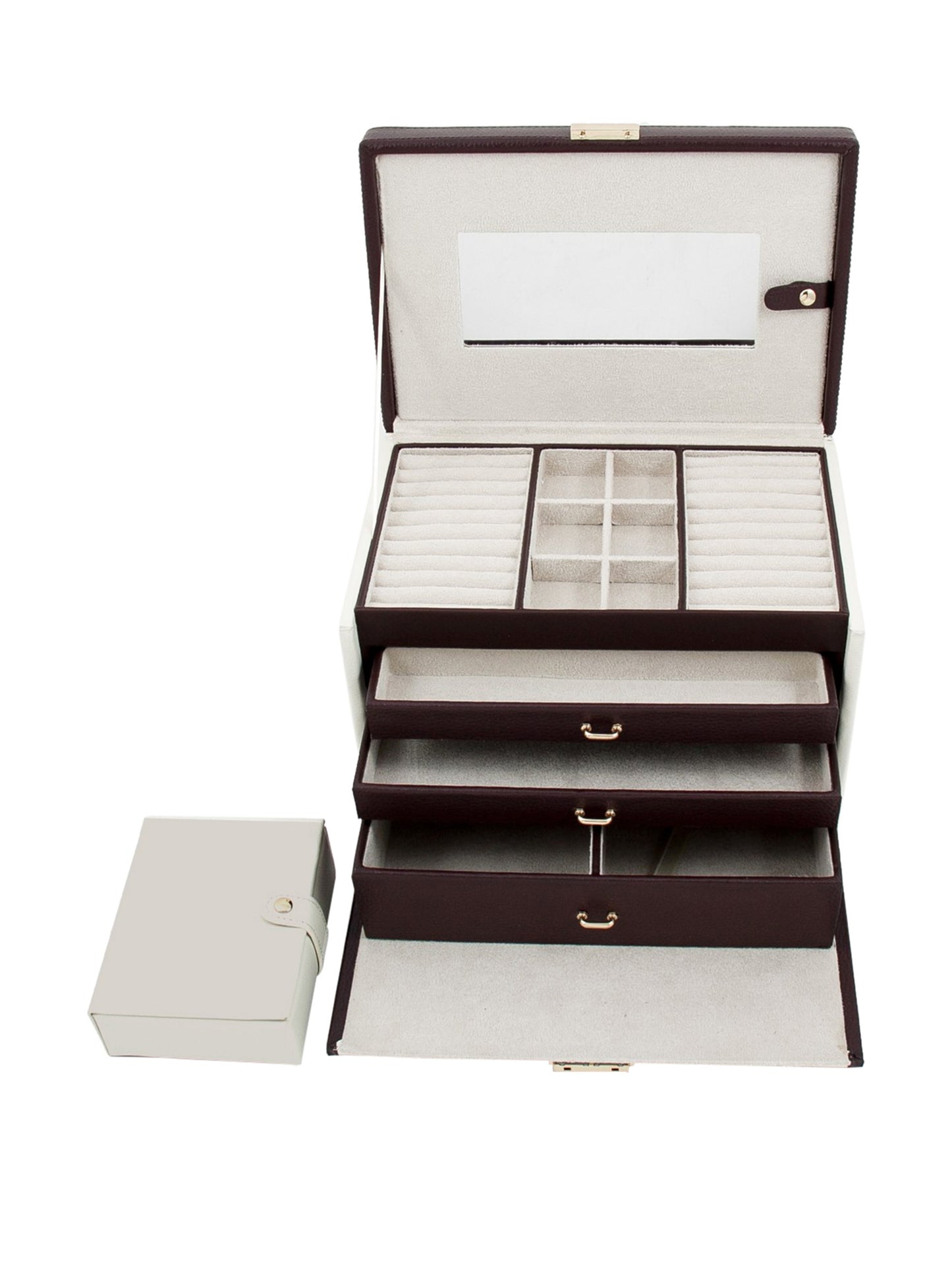 Ivory and Brown Leather with Hidden Storage Behind Mirror Top Handle 3-Drawer Locking Jewelry Case with Removable Travel Case GM4117