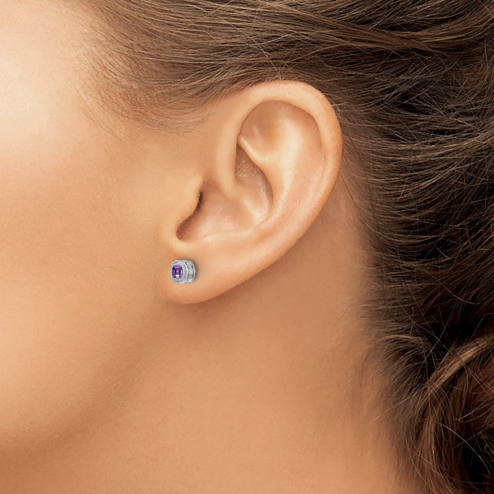 14k White Gold Cushion Amethyst and Diamond Earrings