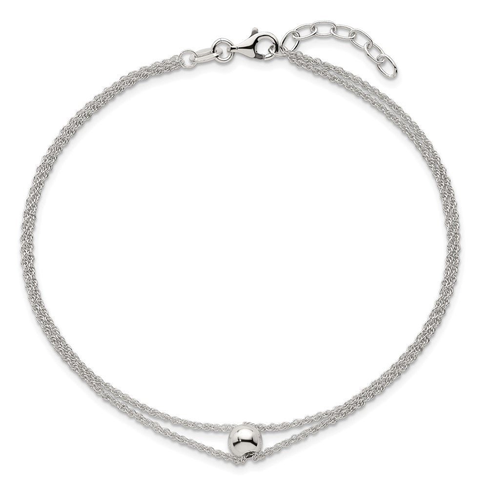 Sterling Silver Polished Double Strand with 6mm Bead 9 inch with 1 inch Extension Anklet