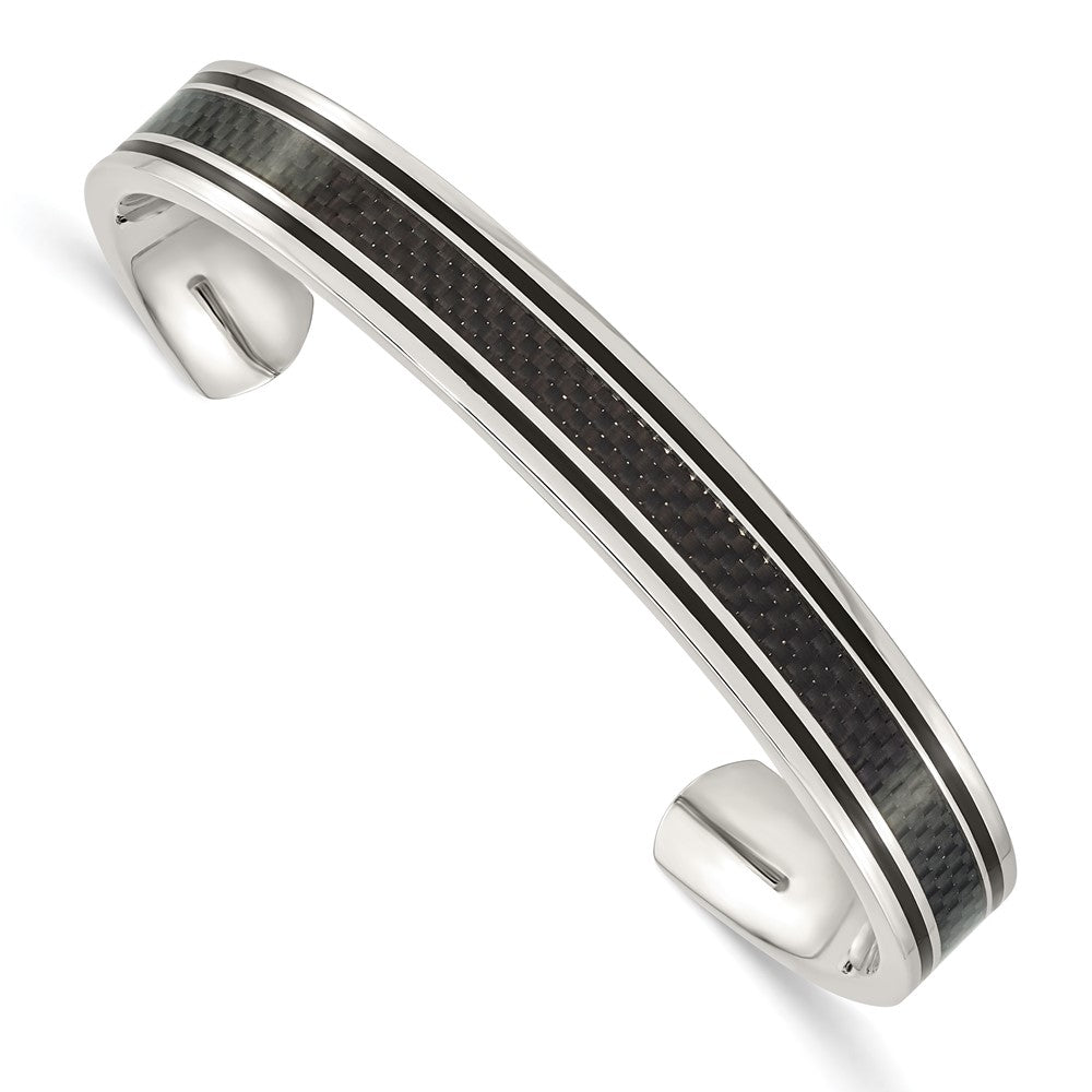 Stainless Steel Polished Black IP-plated w/Black Carbon Fiber Inlay  Bangle 7.25 inches