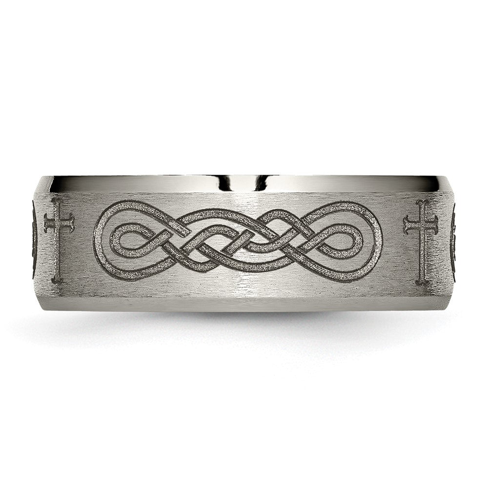Titanium Brushed & Polished Cross Laser Design 8mm Beveled Edge Band Size - 8.5
