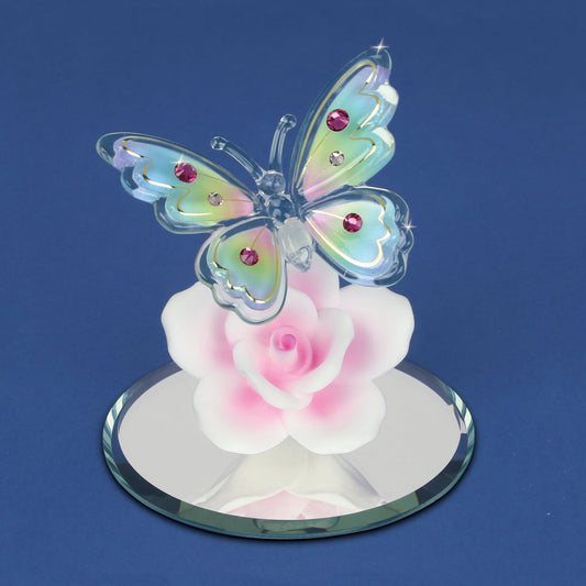 Butterfly with Crystals and Pink Rose Handcrafted Glass Figurine QGM19267