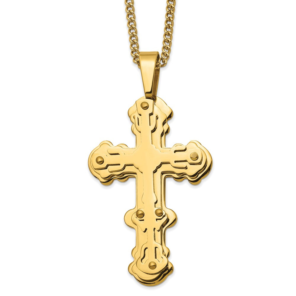Stainless Steel Polished Yellow IP-plated Cross 24in Necklace