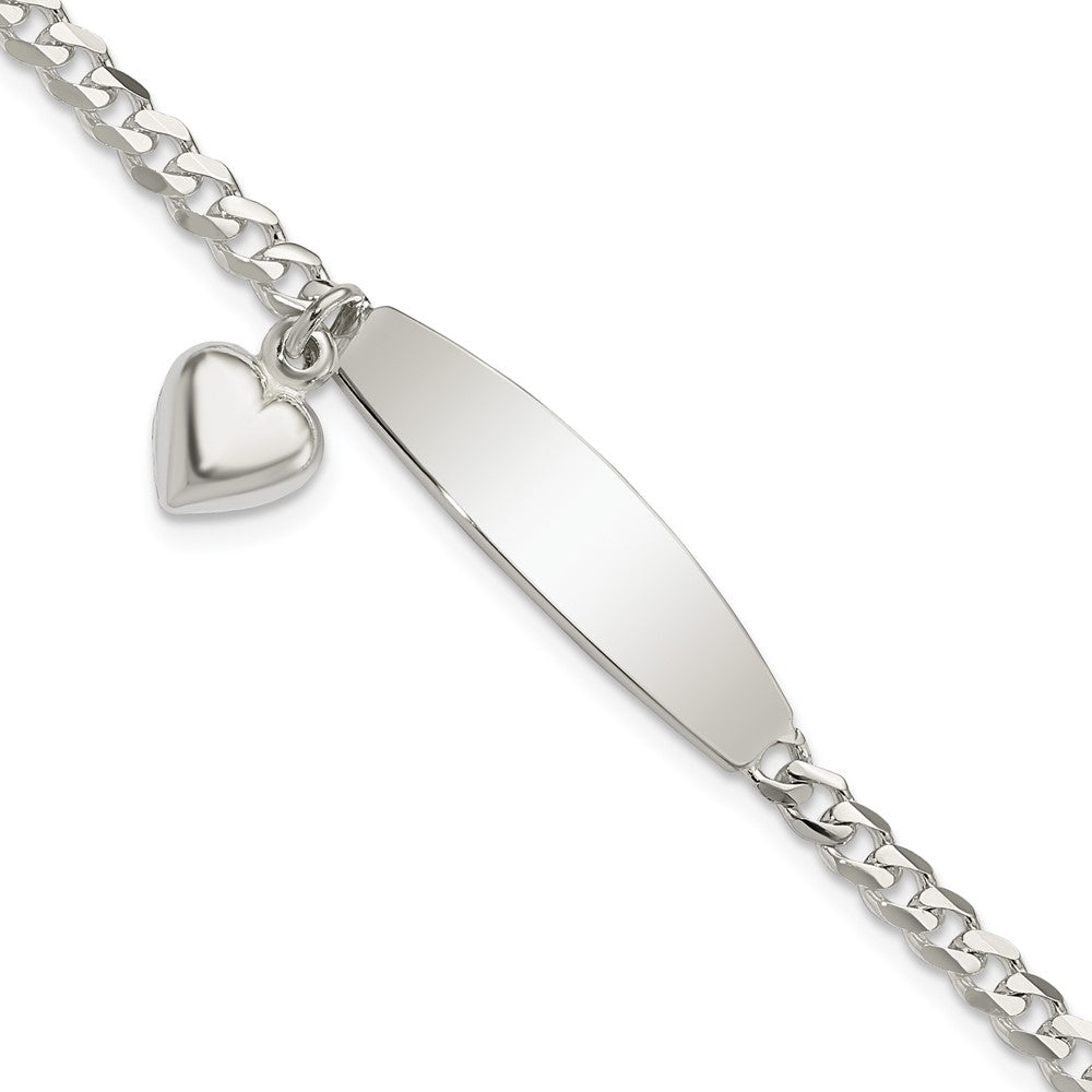 Sterling Silver Polished Curb Link ID Heart Dangle Bracelet 7.5 inches