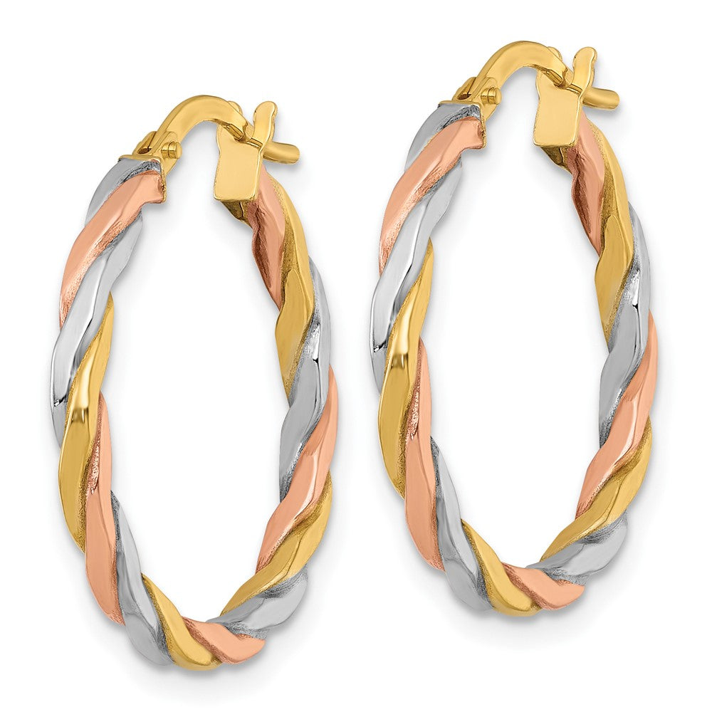 10K with Rose and White Rhodium Polished Twisted 2.00 x 24mm Tube Hoop Earrings
