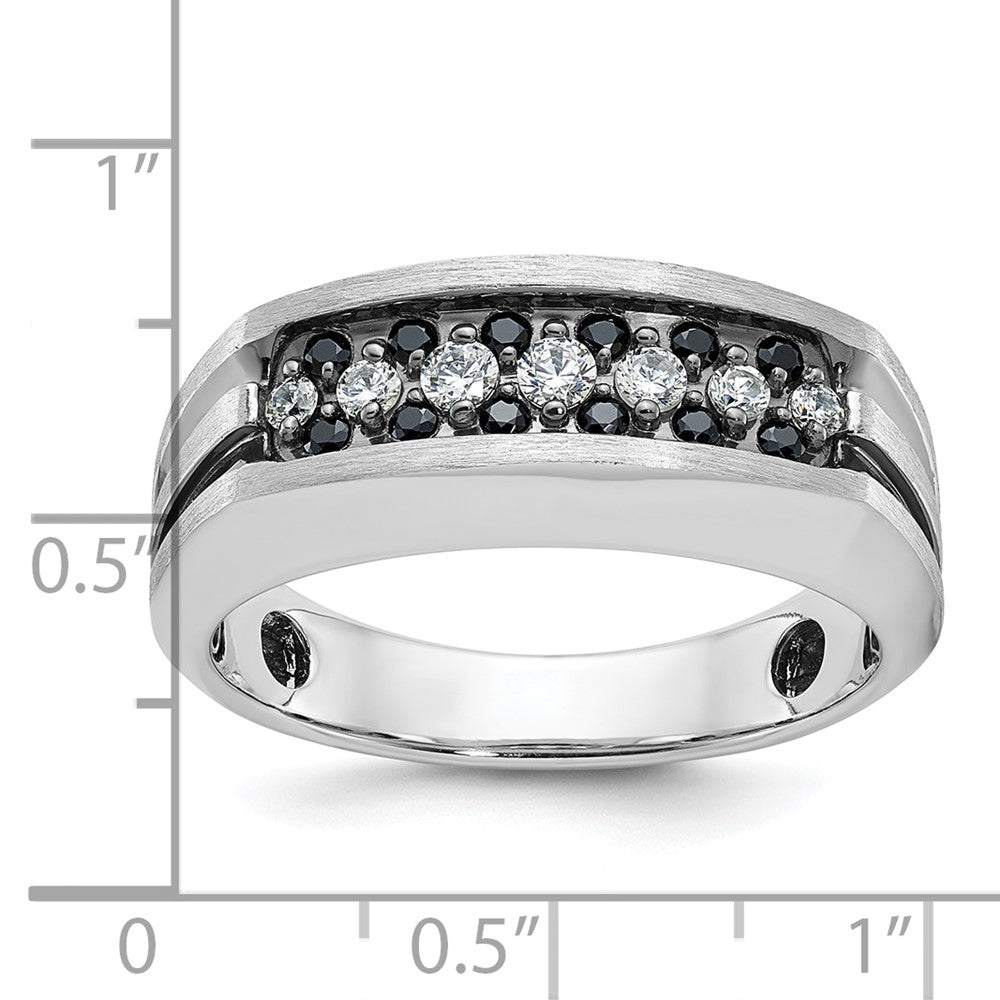IBGoodman 14k White Gold with Black Rhodium Men's Polished Satin and Grooved 1/2 Carat AA Quality Black and White Diamond Ring