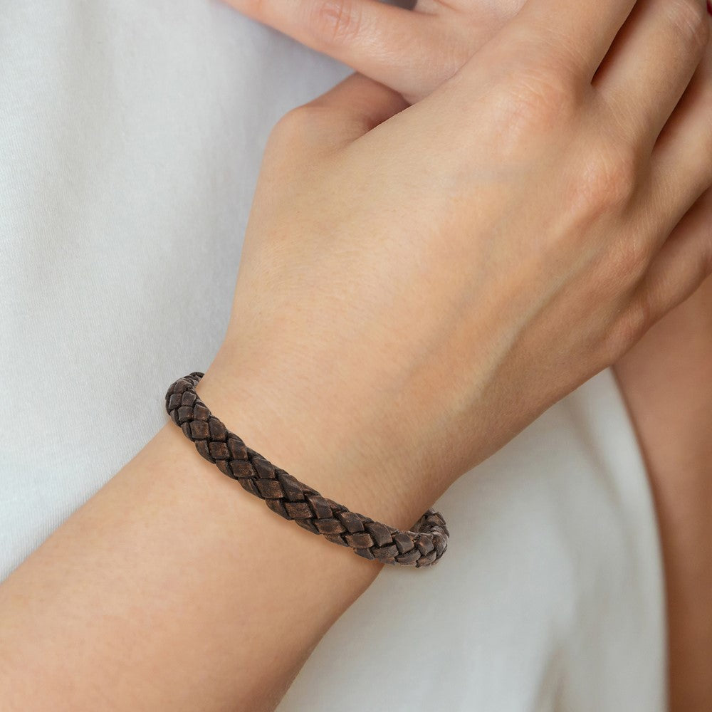 Stainless Steel Polished Brown Woven Leather 8.75in Bracelet 8.75 inches