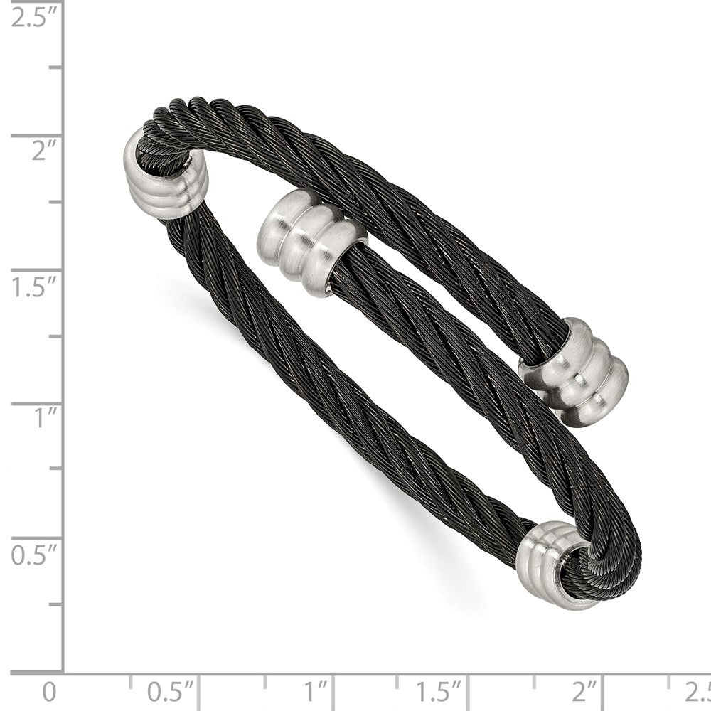 Stainless Steel Brushed and Polished Black IP Wire Flexible Bangle 6.75 inches