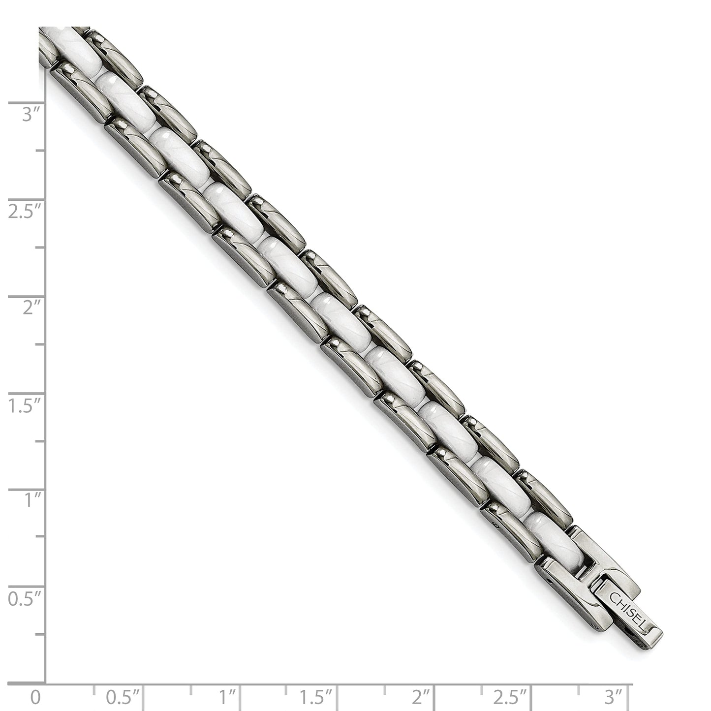 Stainless Steel Polished w/White Ceramic 8in Bracelet 8 inches