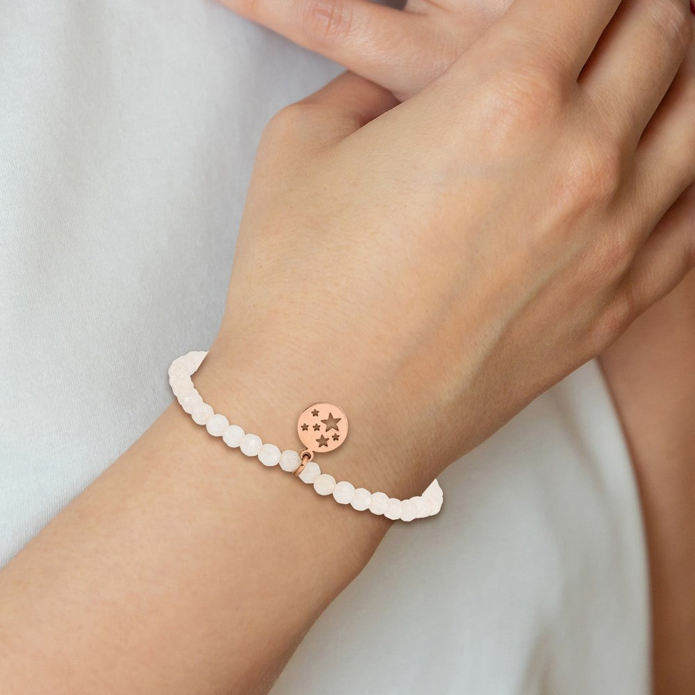 Stainless Steel Polished Rose IP Stars White Jade Beaded Stretch Bracelet 6.25 inches